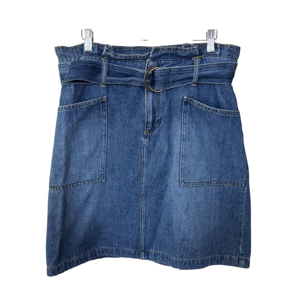 Boden Denim Blue Pencil Mini Skirt with Belt Size 12L Ruffle Detailing Everyday